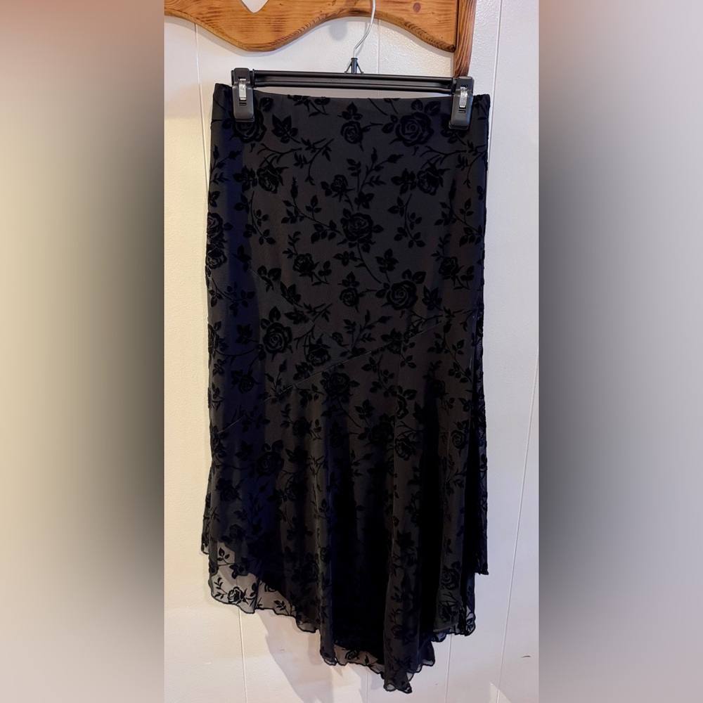 One Clothing Navy Asymmetrical Skirt with Black Floral Design